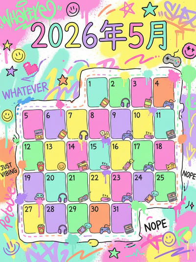 Colorful May 2026 calendar page with pastel date blocks, hand-drawn doodles, smiley icons, stars, and playful notes.
