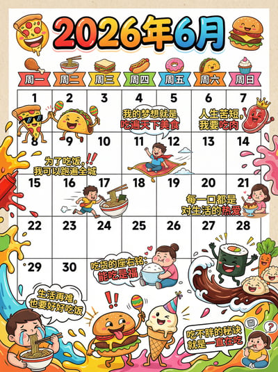 Colorful June 2026 calendar page with cute illustrated food characters, playful labels, and a bright comic-style monthly date grid.