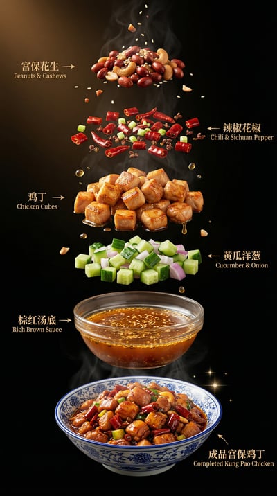 Chinese Kung Pao chicken food poster with floating peanuts, peppers, vegetables, sauce, and a bowl on a dramatic black background.