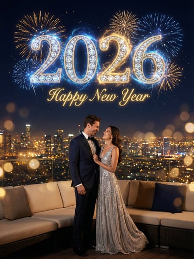 Elegant couple on rooftop with glowing 2026 fireworks and city lights for romantic New Year greeting.