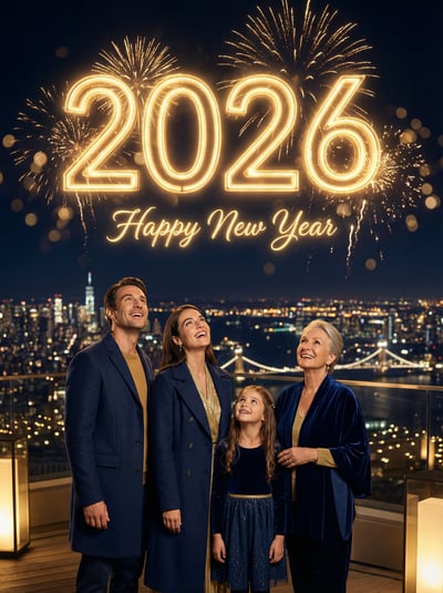 Family group posing on rooftop with glowing 2026 fireworks and city lights for New Year greeting.