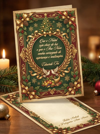 Traditional Christmas greeting card with ornate green-red border, wreath text panel, candlelight, and cream message area.