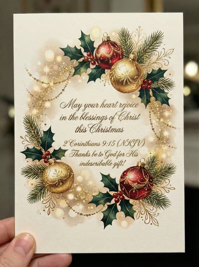 Elegant Christmas card with ornament wreath, gold accents, floral decor, and script text on cream paper.