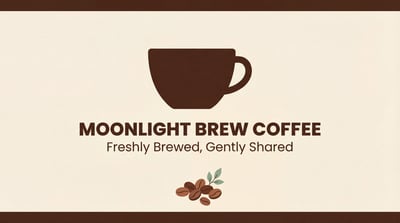 Moonlight Brew Coffee business card back with cup logo, brand name, tagline, and coffee bean accent.