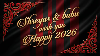 Luxury 2026 New Year greeting card with black and red background, gold script text, and ornate flourishes.