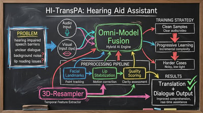 Colorful blackboard diagram for AI hearing aid assistant showing model fusion, preprocessing, training strategy, and translation output.
