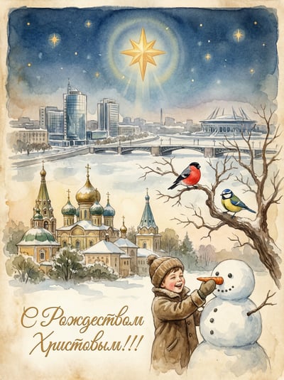 Vintage Christmas greeting card with snowy city, child building snowman, bright star, and Russian holiday text.
