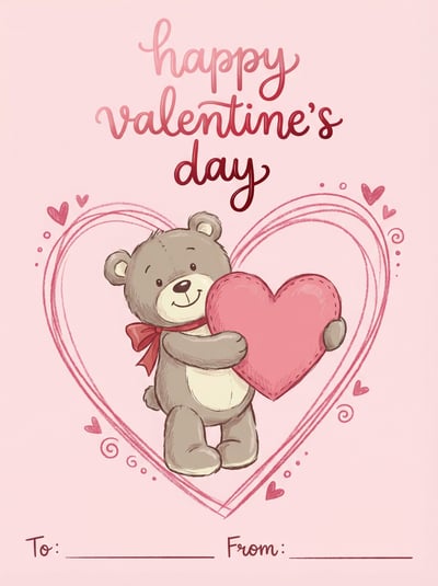 Pink Valentine greeting card with teddy bear holding heart, hand-lettered message, and blank to/from lines.