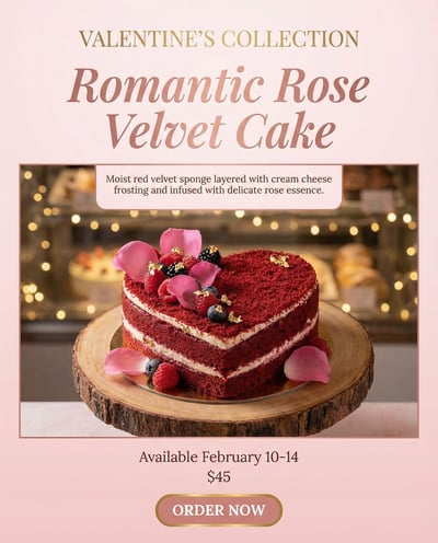 Valentine bakery flyer for aromatic rose velvet cake with pink styling, product photo, price, and order button.