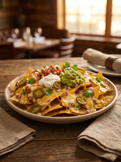 Plate of loaded nachos with melted cheese, toppings, greens, and warm rustic restaurant lighting.