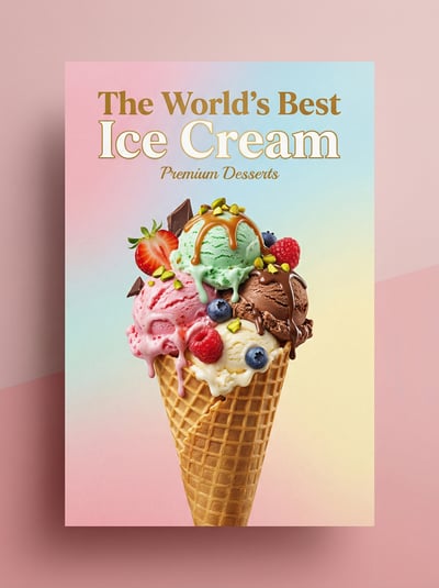 Premium ice cream flyer with tall cone, colorful scoops, fruit toppings, and pink dessert headline background.