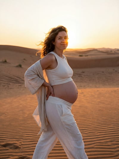 Pregnant woman in white clothing walking through desert sand dunes in warm sunset light.