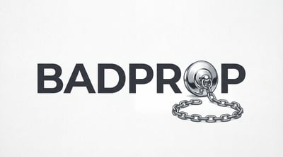BADPROP industrial wordmark logo with bold black letters and metallic propeller-chain detail.