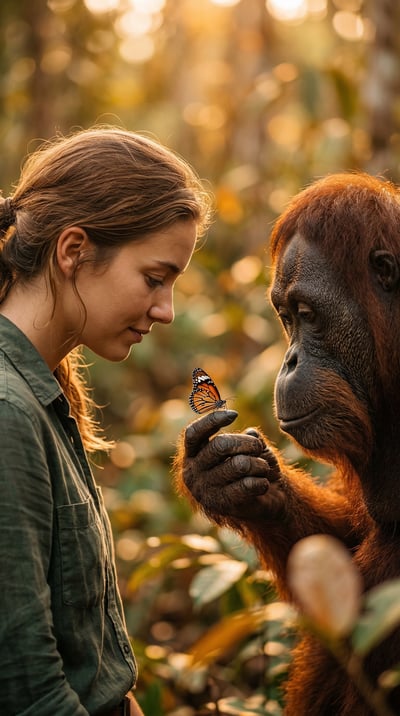 Woman gently interacting with an orangutan in warm forest light for a wildlife conservation photography scene.