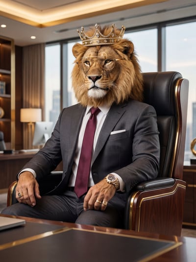 Anthropomorphic lion in a business suit seated at an executive office desk.