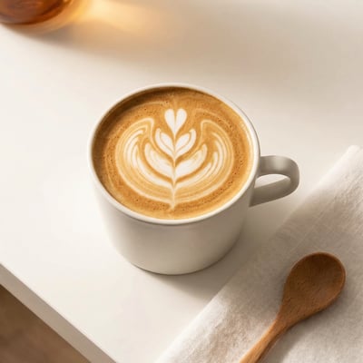 White coffee cup with tulip latte art on a light cloth with warm cafe lighting.