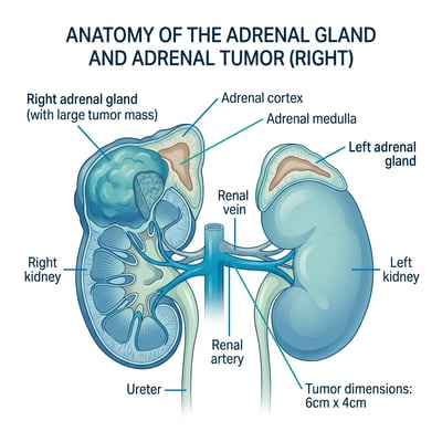 Medical anatomy diagram labeled Anatomy of the Adrenal Gland and Adrenal Tumor showing kidneys, adrenal glands, renal vessels, ureter, and a right adrenal tumor mass.