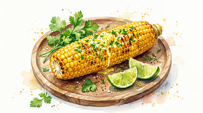 Watercolor illustration of grilled corn on the cob with butter, fresh herbs, lime slices, and golden yellow accents on a white background.