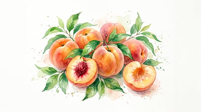Watercolor illustration of ripe peaches with leaves and sliced peach halves arranged on a white background with warm peach and golden tones.