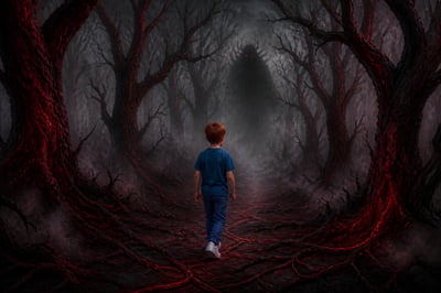 Red-haired child in blue clothing walking along a dark spooky forest path with black and red trees, smoky gray mist, vein-like ground patterns, and an ominous shadowy presence in the distance.