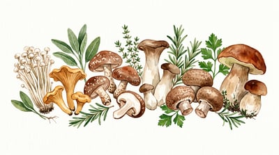 Watercolor illustration of assorted fresh mushrooms with green herbs, warm brown tones, and sage accents arranged on a white background.