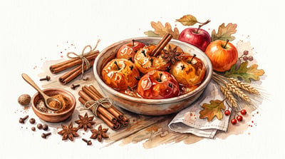 Watercolor illustration of roasted apples in a bowl with cinnamon sticks, fall spices, autumn leaves, and warm amber accents on a white background.