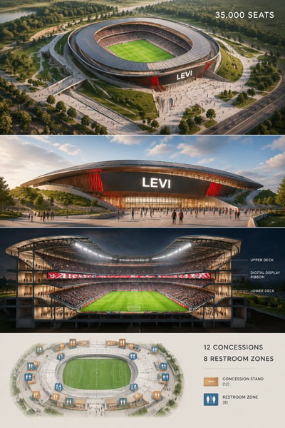 vertical 35,000-seat soccer stadium concept board combines aerial, exterior, cutaway, and concourse views with two seating decks