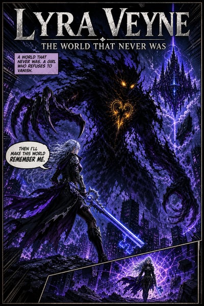 dark-fantasy Lyra Veyne comic cover pairs a silver-haired warrior with a colossal amber-eyed shadow creature, violet ruins, and inset panel