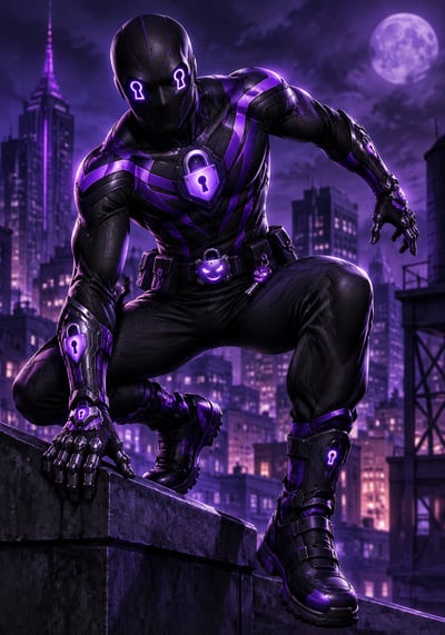 Masked hero in a purple-and-black suit crouching on a rooftop, with glowing keyhole eyes and a padlock chest emblem