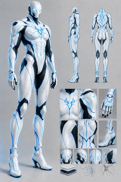 White futuristic suit and arachnid-inspired helmet with blue seams, black accents, side and rear studies, and detail close-ups