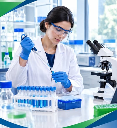 Laboratory scientist in goggles and blue gloves using a pipette beside test tubes and a microscope, with blue-green edge graphics