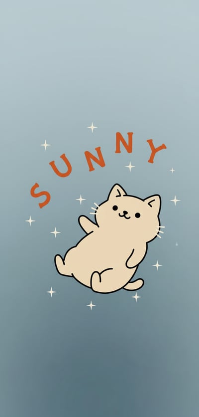 Cute cat phone wallpaper with soft teal gradient background, sparkle icons, and curved sunny lettering.