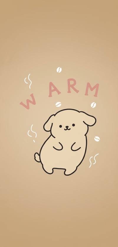 Cute puppy phone wallpaper with warm beige gradient background, small decorative marks, and playful warm lettering.