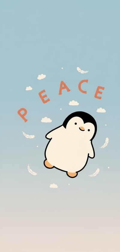 Cute penguin phone wallpaper with soft blue gradient background, floating feather shapes, and curved peace lettering.