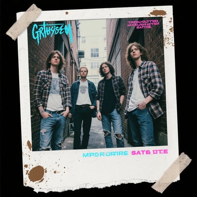 Modern grunge album cover with band photo, torn paper collage frame, taped corners, distressed texture, and bold music typography.