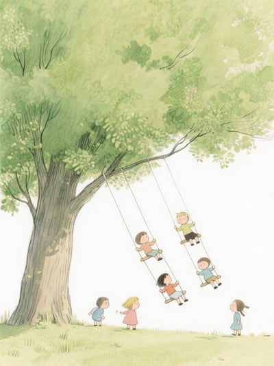 Nostalgic children’s book illustration with large green tree, kids playing on swings, soft watercolor texture, and open white space.