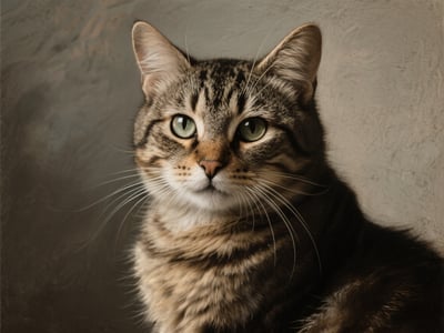 Realistic tabby cat portrait with green eyes, soft studio lighting, detailed fur, and neutral painterly background.