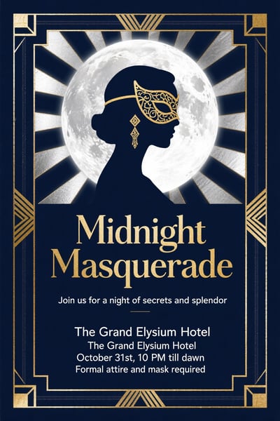 Art Deco midnight masquerade invitation with moonlit silhouette profile, navy and gold frame, and formal event details.