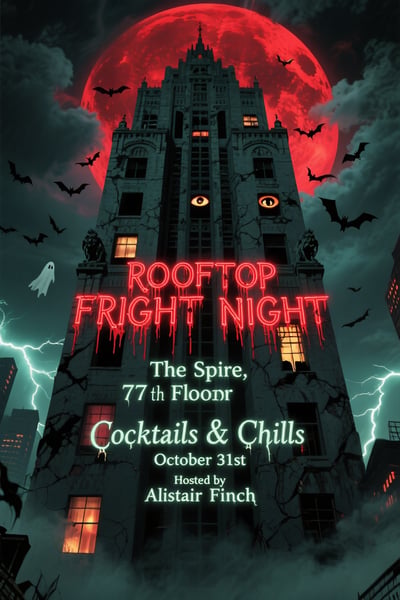 Halloween rooftop party poster with haunted tower, red moon, bats, storm clouds, cocktails callout, and event details.