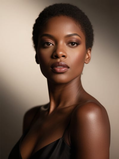 Elegant studio beauty portrait of a woman in black draped top with soft directional light and warm neutral background.