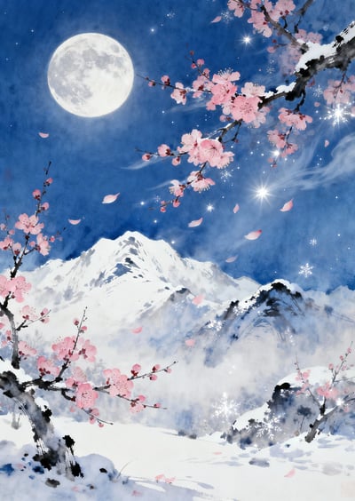 Moonlit Chinese landscape painting with snowy mountains, full moon, blossoming branches, drifting petals, and blue night sky.