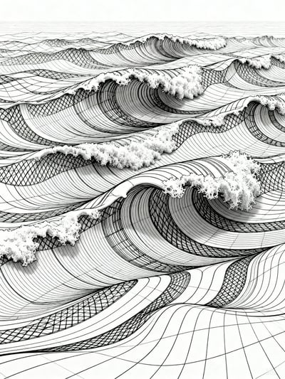 Black and white 3D line art illustration of rolling ocean waves with contour curves, grid perspective, and foam details.