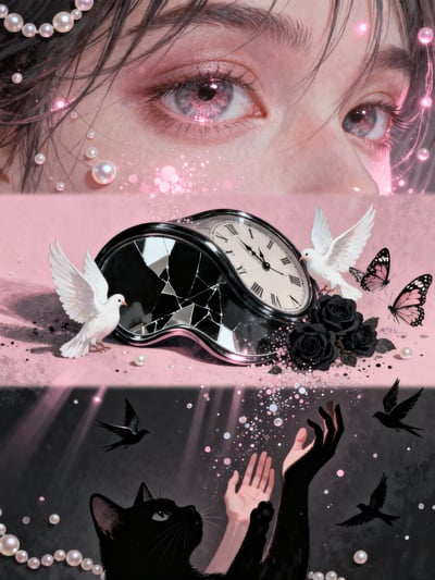 Surreal acrylic collage with close-up eyes, melting clock, black cat silhouette, birds, butterflies, pearls, and pink textures.