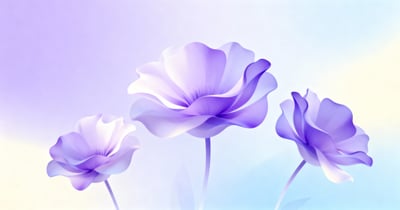 Pastel poster background with three soft purple flowers, gentle lavender blue gradient, and airy white space.