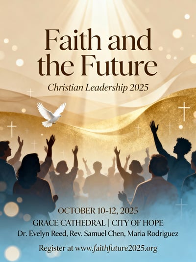 Christian leadership conference poster with golden light, dove imagery, worship silhouettes, speaker names, event dates, and registration details.