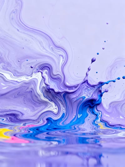 Lavender liquid marble abstract background with blue and purple fluid swirls, glossy paint texture, and subtle splashes.