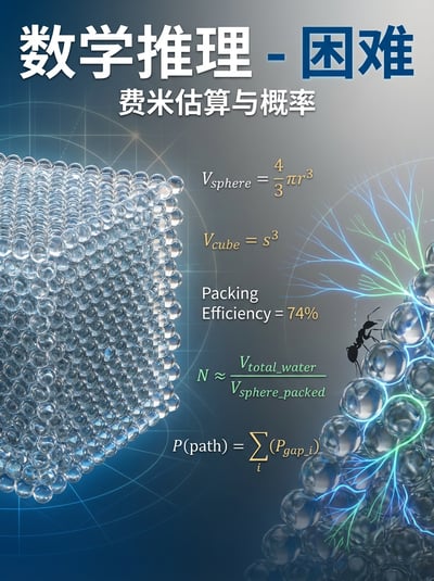 Math reasoning educational poster with Chinese headline, probability formulas, sphere packing visuals, and blue scientific diagram styling.