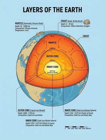 Educational diagram of the layers of the Earth with cutaway globe, crust, mantle, outer core, inner core labels, and annotations.