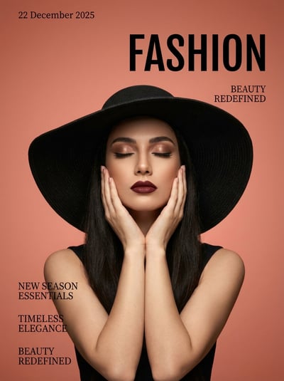 Fashion magazine cover with dramatic woman portrait, black wide-brim hat, coral background, and bold masthead typography.