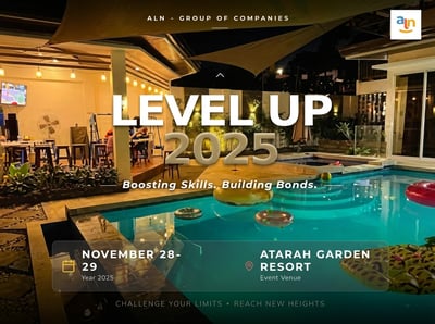 Corporate event poster titled LEVEL UP 2025 with a background showing a lit swimming pool at a resort during the night.